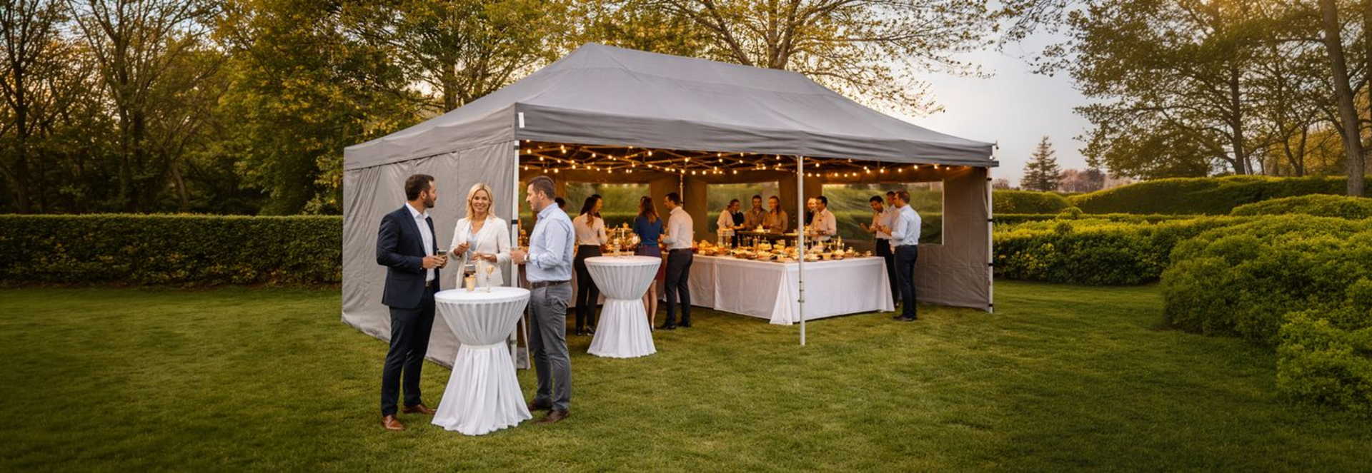 TecTronic vouwtent met tafels en verlichting ingericht