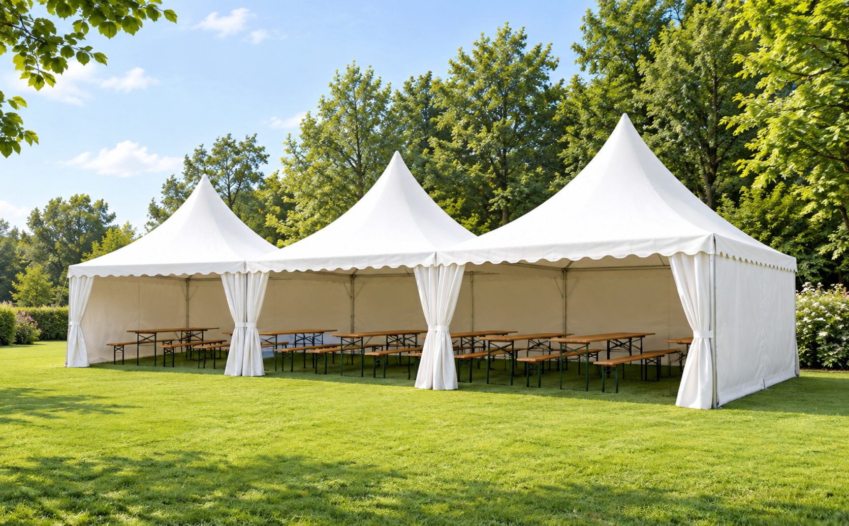 Witte pagodetenten met biertafelsets